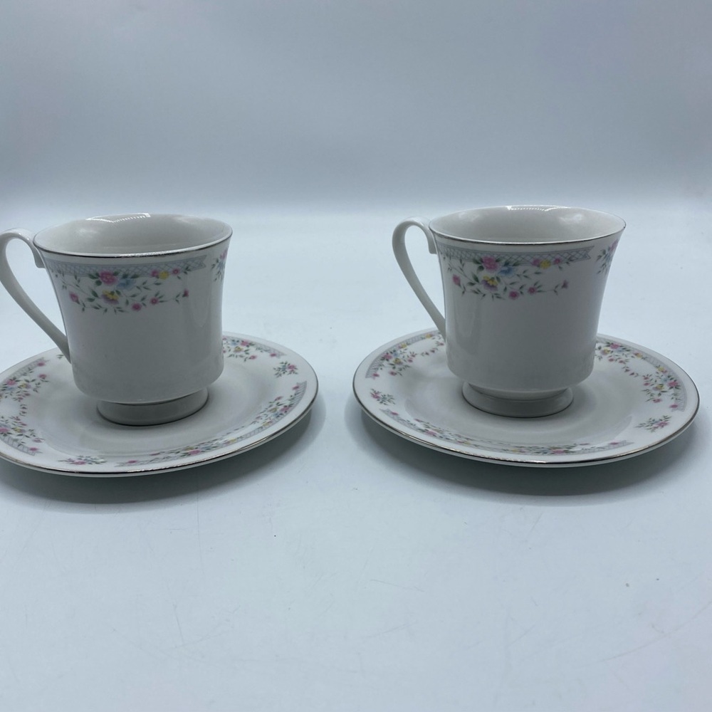 CAC Ceramic Meily Tea Cups And Saucers Pink Blue Yellow Floral Silver Rim China